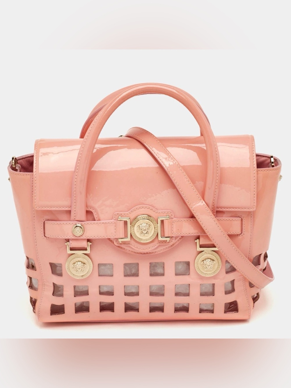 Versace Pink Patent Leather Medusa Cutout Satchel Crossbody Bag Gold Tone Hardwr